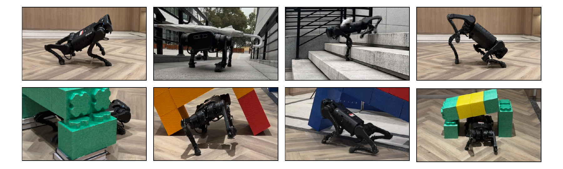 Eight real-world demonstrations of the Unitree A1: controlling pitch and roll, carrying an object on slopes and stairs, and crouching or tilting through confined spaces.